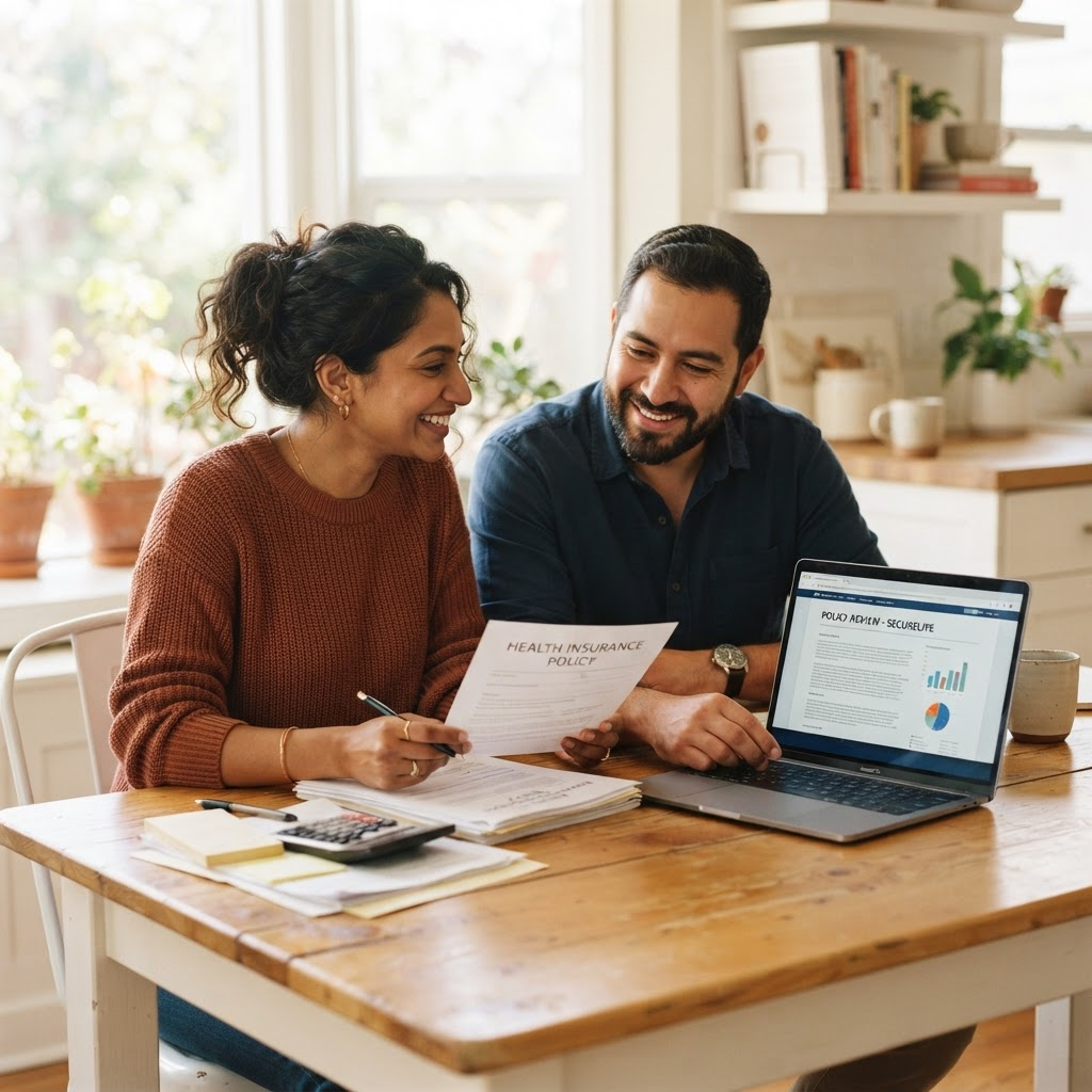 A couple reviewing their insurance coverage options together at home